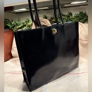 Furla Black Patent Leather Secret Compartment Large Tote Bag Gold Hardware